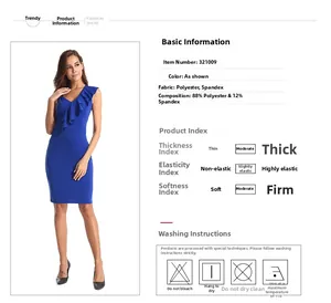 Detail view of royal blue one-shoulder dress with fabric specs and washing instructions