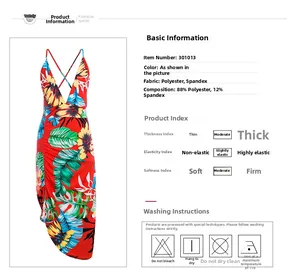 Detail of red tropical print dress fabric composition 88% polyester and 12% spandex