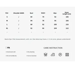 Tableau des tailles et conseils d'entretien pour robe longue dos nu imprimée d'été