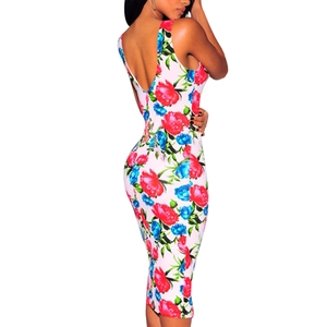 Slim fit floral print midi dress with backless V-neck design for women fashion