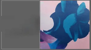 Detailed view of the vibrant blue and purple floral print on soft pink fabric