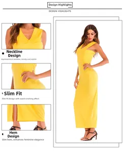 Detail view of yellow V-neck sleeveless slim maxi dress with side slit design