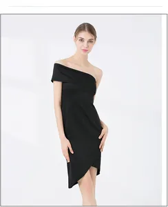 Close-up of the elegant one-shoulder neckline on this slim fit black cocktail dress