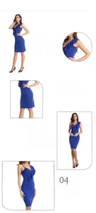 Detail view of royal blue slim fit dress with ruffle neckline and waist design