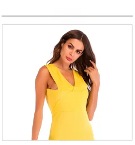 Detail view of bright yellow V-neck sleeveless dress with premium knit fabric and slim waist