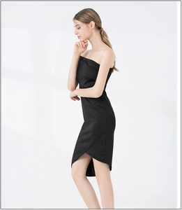 Detailed side view of a black bodycon dress with an asymmetrical hemline and tube top