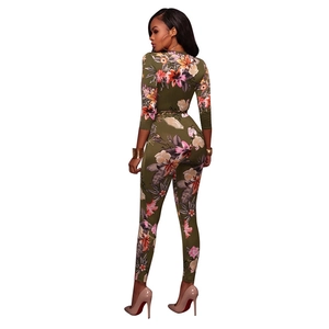 Slim fit long sleeve deep V-neck jumpsuit with olive green floral print for women