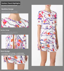 Detail shots of floral mini dress showing crew neck, open back and straight hemline