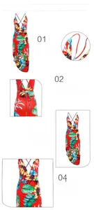 Detail showing tropical print dress with deep V-neck, strappy back and pleated waist