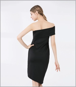 Rear view of an asymmetrical black off-shoulder bodycon dress with a slim fit