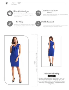 Close-up of royal blue V-neck dress featuring ruffles and slim 3D tailored fit details