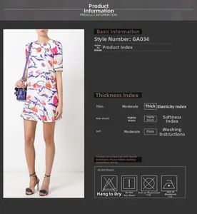 Sizing chart and attributes for floral mini dress with abstract print and backless detail
