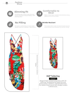 Detail of tropical floral maxi dress showing V-neckline and breathable wrinkle-free fabric