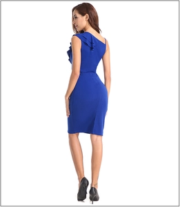 Detail view of royal blue one shoulder dress featuring elegant ruffle trim and slim fit