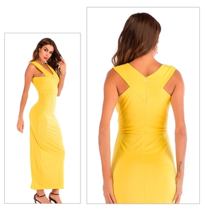 Detail of a bright yellow V-neck sleeveless slim maxi dress with back zipper