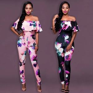 Women Sexy Off-Shoulder Ruffle Floral Print Jumpsuit Slim Fit Casual Long Romper Elegant Summer Vacation Party Beachwear