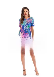 Detailed front view of short sleeve A-line floral dress with vibrant tropical leaf print