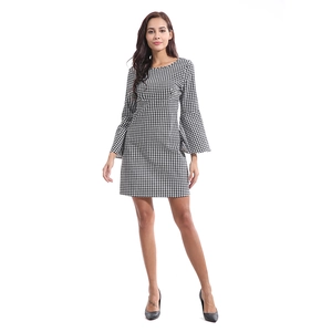 Slim fit houndstooth dress with flared bell sleeves and classic crew neck design