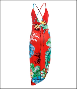 Detail of red tropical leaf print maxi dress with deep V-neck and crisscross back straps
