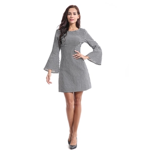 Slim fit houndstooth mini dress with round neck and elegant long bell sleeves