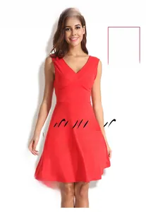 Detail of red V-neck sleeveless summer dress featuring an A-line cut and smooth fabric
