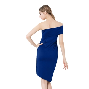 Detail view of royal blue one-shoulder slim fit dress featuring soft elastic fabric