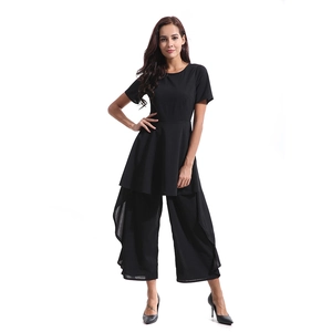 Women's black two-piece summer set with short sleeve waist-tie top and wide leg pants