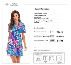 Detail view of floral summer dress fabric with 88% polyester and 12% spandex material info