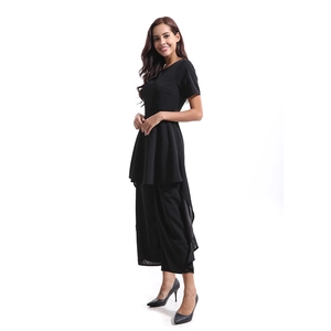 Women's two-piece black chiffon set featuring short sleeve top and wide-leg pants