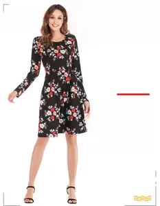 Detailed view of the long sleeve floral dress with round neck and slim fit waist design