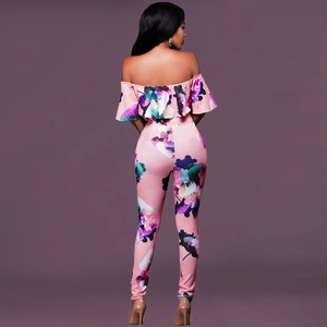 Pink floral off-the-shoulder ruffle jumpsuit with slim fit back view presentation