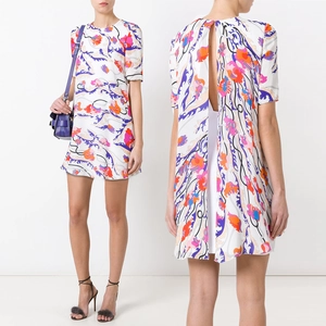 Women Sexy Backless Satin Floral Print Mini Dress Elegant Short Sleeve Round Neck A-Line Summer Vacation Beach Dress