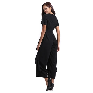 Women's short sleeve high waist wide leg jumpsuit in black chiffon fabric for summer
