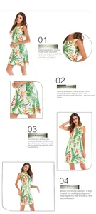 Vue détaillée d'une robe sans manches à imprimé tropical avec coupe ajustée et encolure