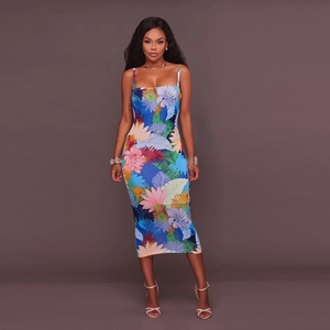 Robe d'été moulante à imprimé floral tropical avec taille haute et dos nu