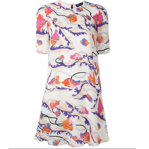 Floral short sleeve maxi dress with vibrant abstract prints on white fabric