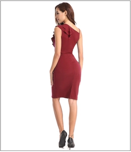 Detail of wine red bodycon dress featuring elegant one-shoulder ruffle and side zipper