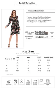 Detailed size chart for floral waist-cinching dress with fabric and care specifications