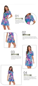 Detail showing the floral print texture, crew neck, and waist design of the summer mini dress