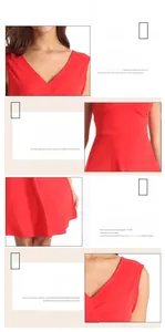 Detail view of red V-neck dress featuring pleated waist, A-line hem and sleeveless design
