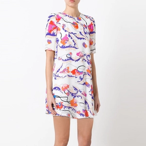 Women's summer mini dress with vibrant abstract floral print and short sleeves