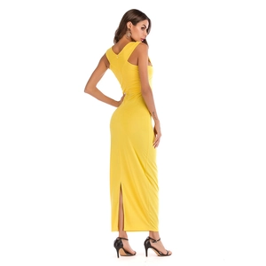 Slim fit yellow V-neck sleeveless maxi dress with high back slit and bodycon silhouette