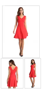 Three-view detail of a red V-neck sleeveless mini dress with high waist A-line silhouette