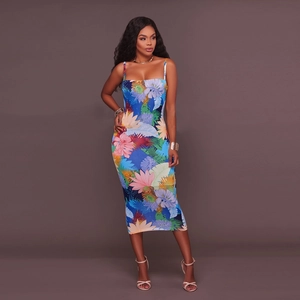 Femmes Imprimé Floral Tropical Sexy Dos Nu Cami Robe Midi Été Moulante Coupe Ajustée Sans Manches Taille Haute Vacances Robe Longue