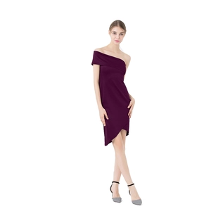 Detail of deep purple one-shoulder dress featuring asymmetrical wrap hem and slim fit