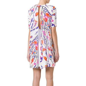 Floral print short sleeve dress with an open back design and a flowing wide skirt