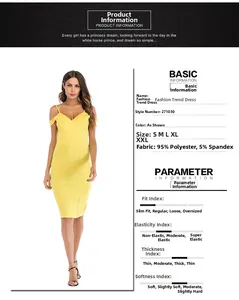 Spécifications détaillées de la robe jaune dos nu col en V montrant 95% de polyester tissu