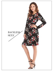Detailed backless design of a women's floral waist-cinching dress with sexy open back