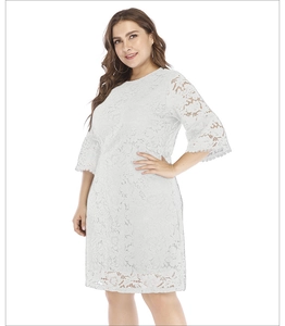 Détails de la broderie en dentelle florale blanche et manches évasées de la robe