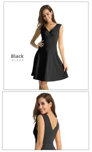 Detail of the back deep V-cut and high-waist design of this black sleeveless dress